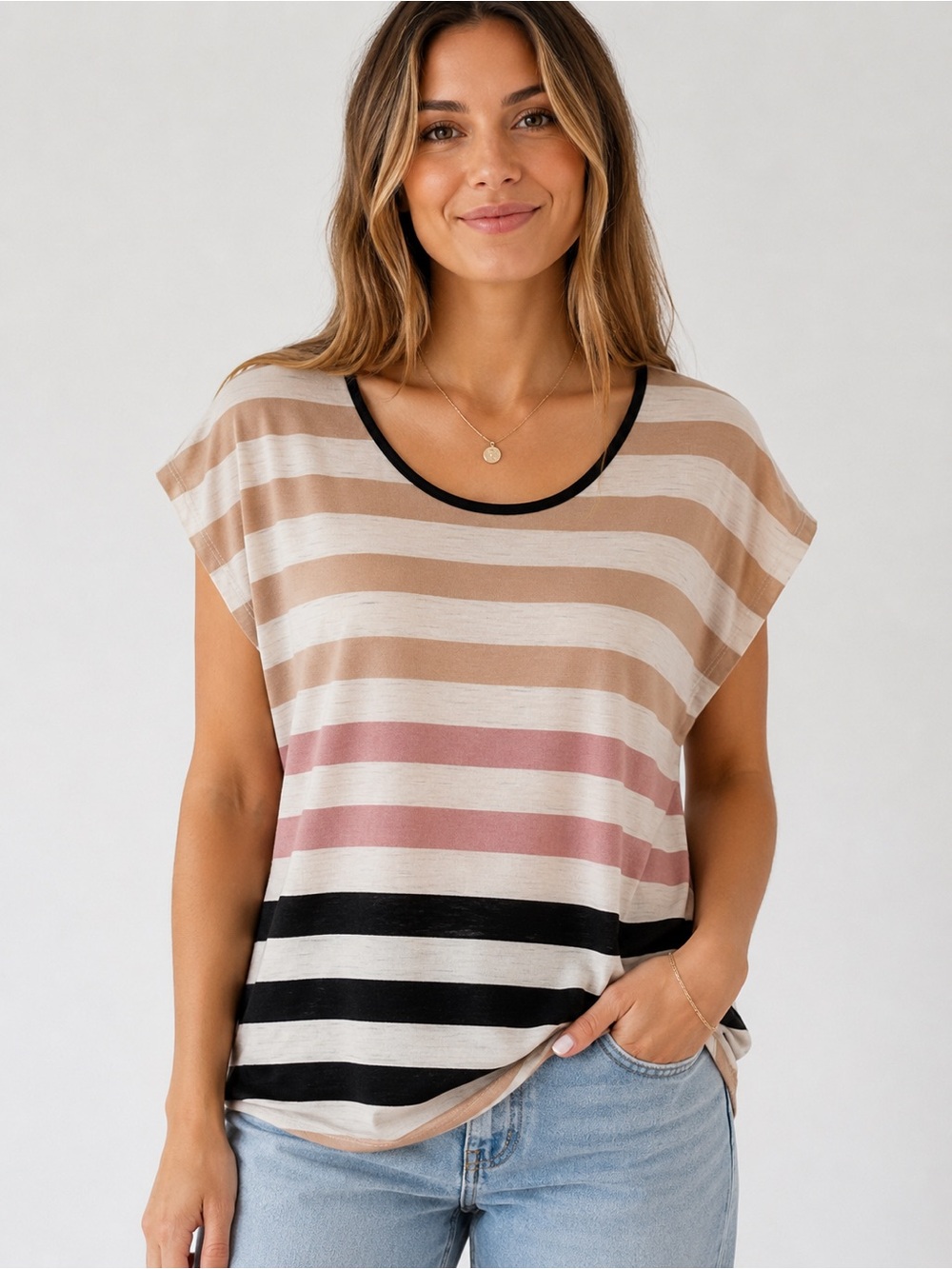 Lavish Striped Scoop Neck Women’s Top Beige, Pink Black tee shirt Large casual